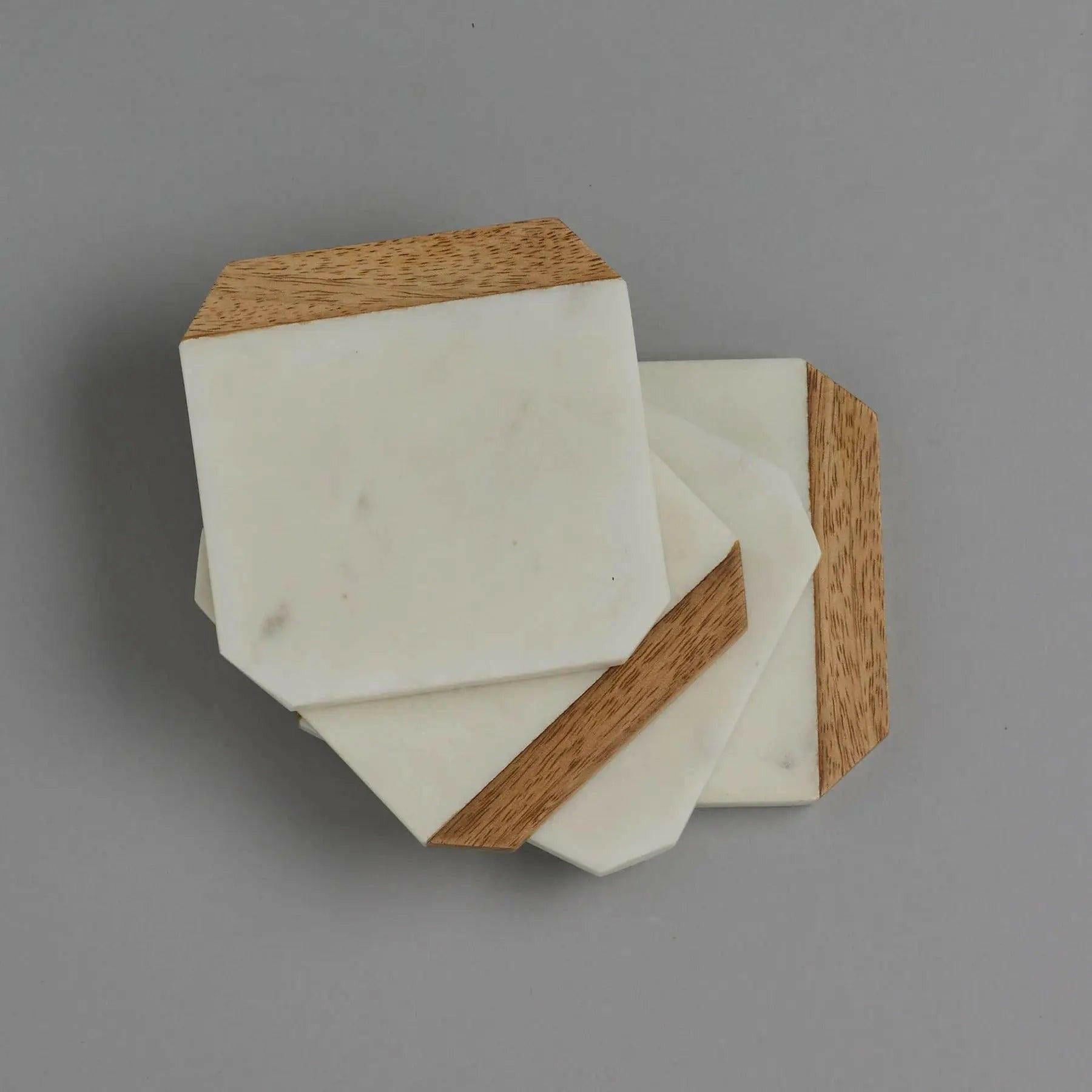 White Marble With Wood Coaster Set – Luxury Home Décor.