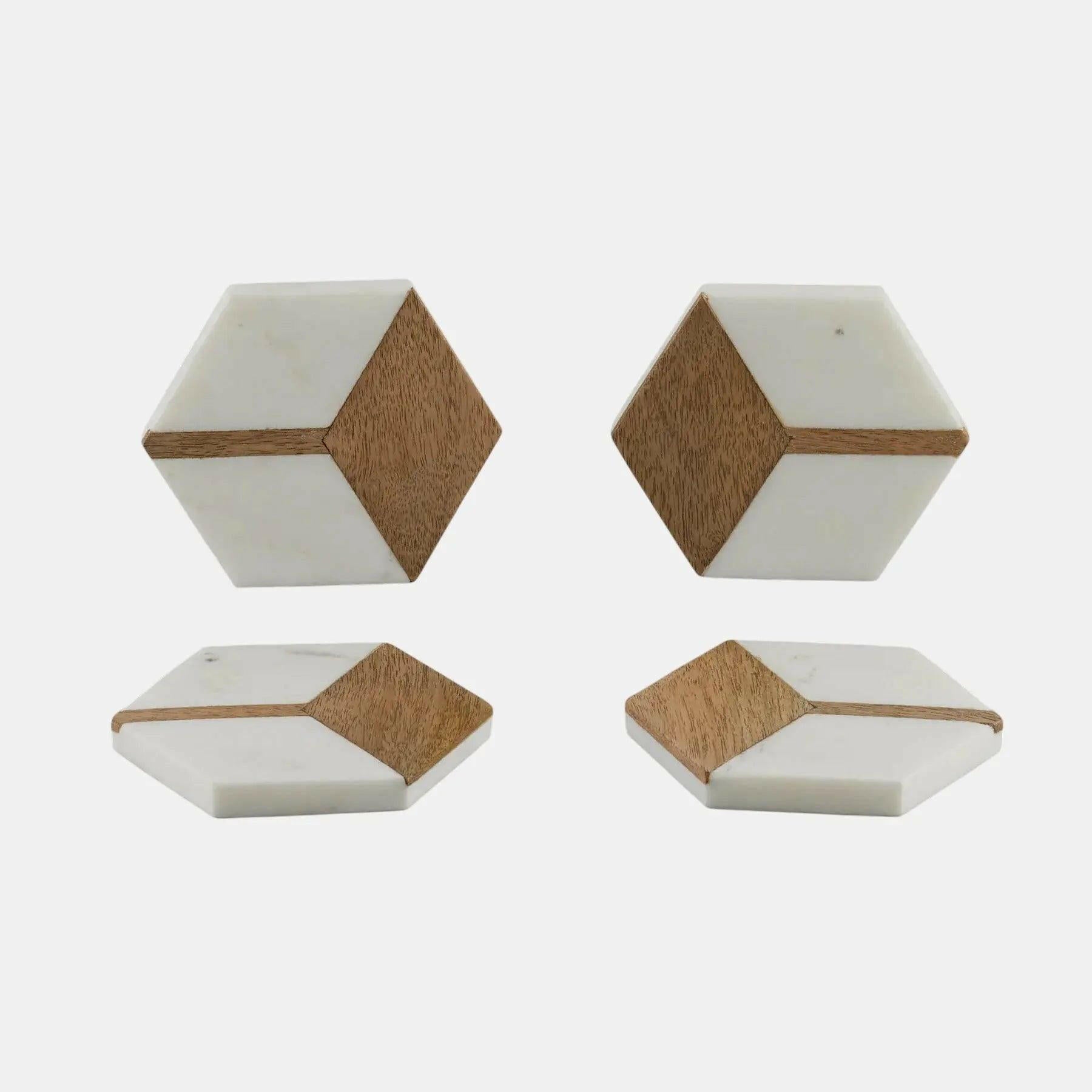 White Marble with Wood Hexagon Coaster.