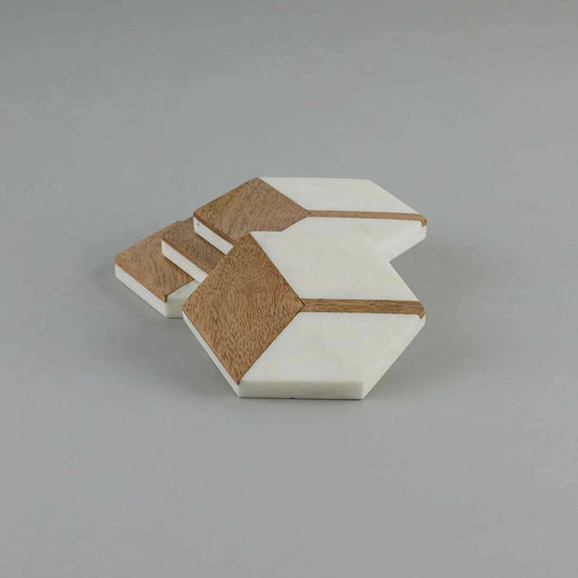 White Marble with Wood Hexagon Coaster.