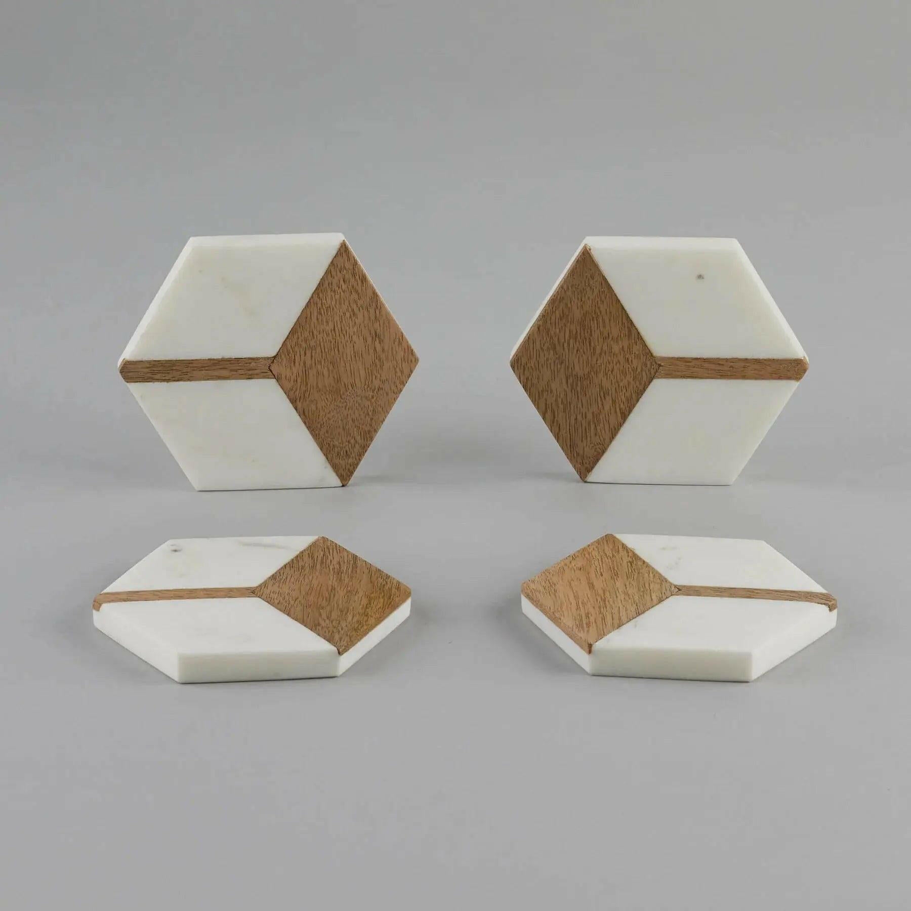 White Marble with Wood Hexagon Coaster.