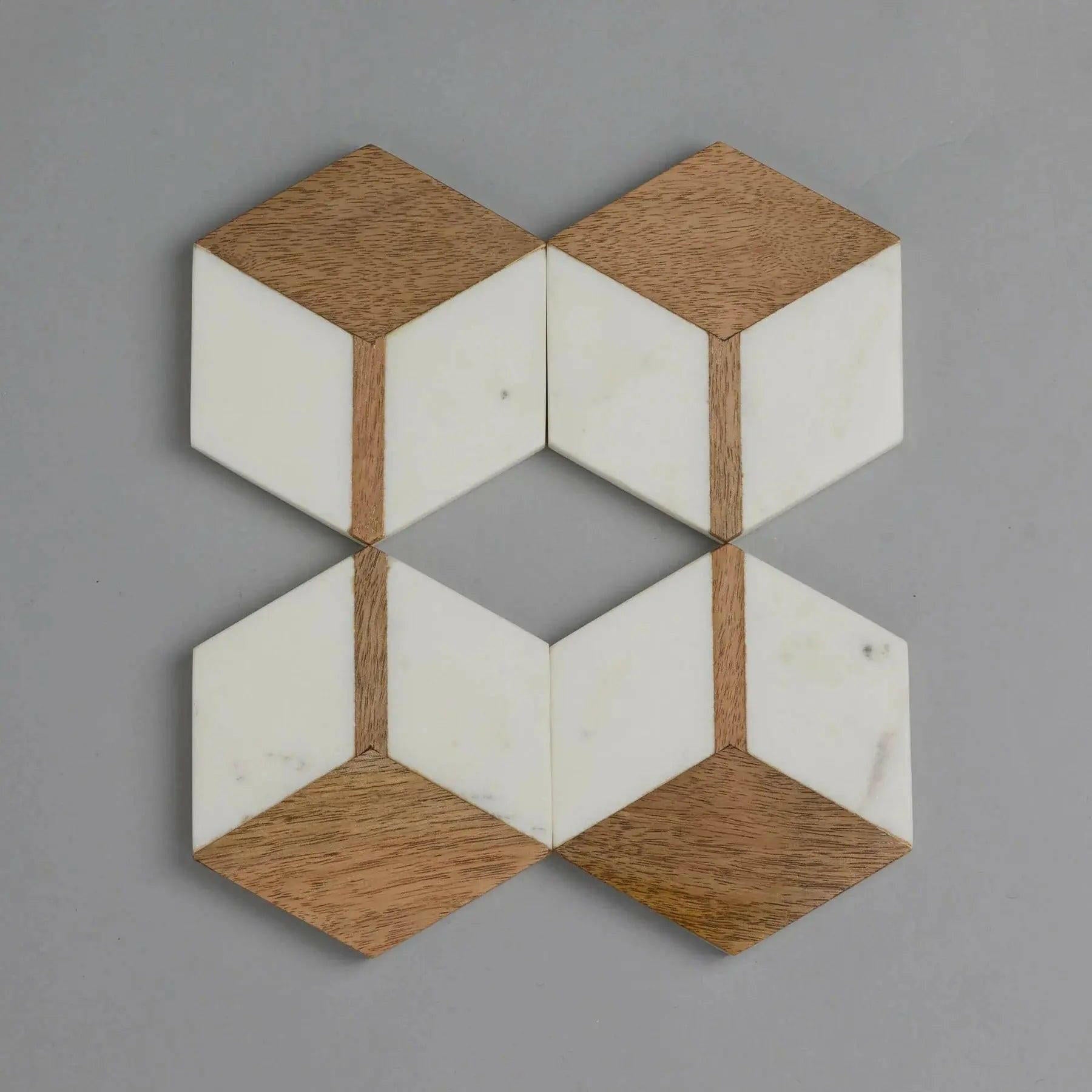 White Marble with Wood Hexagon Coaster.