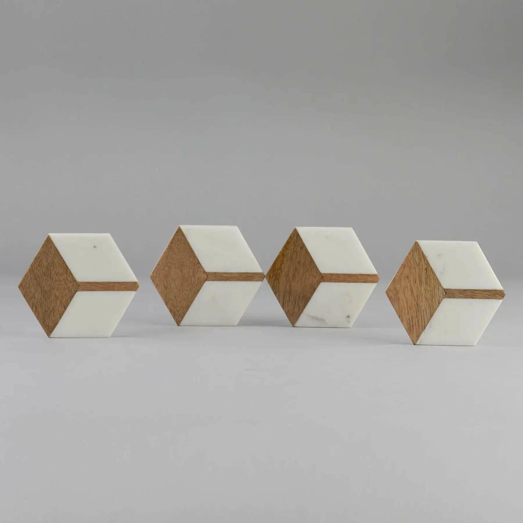 White Marble with Wood Hexagon Coaster.