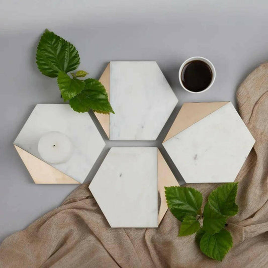 Whiter Marble Brass Coaster Edge Hexagon.