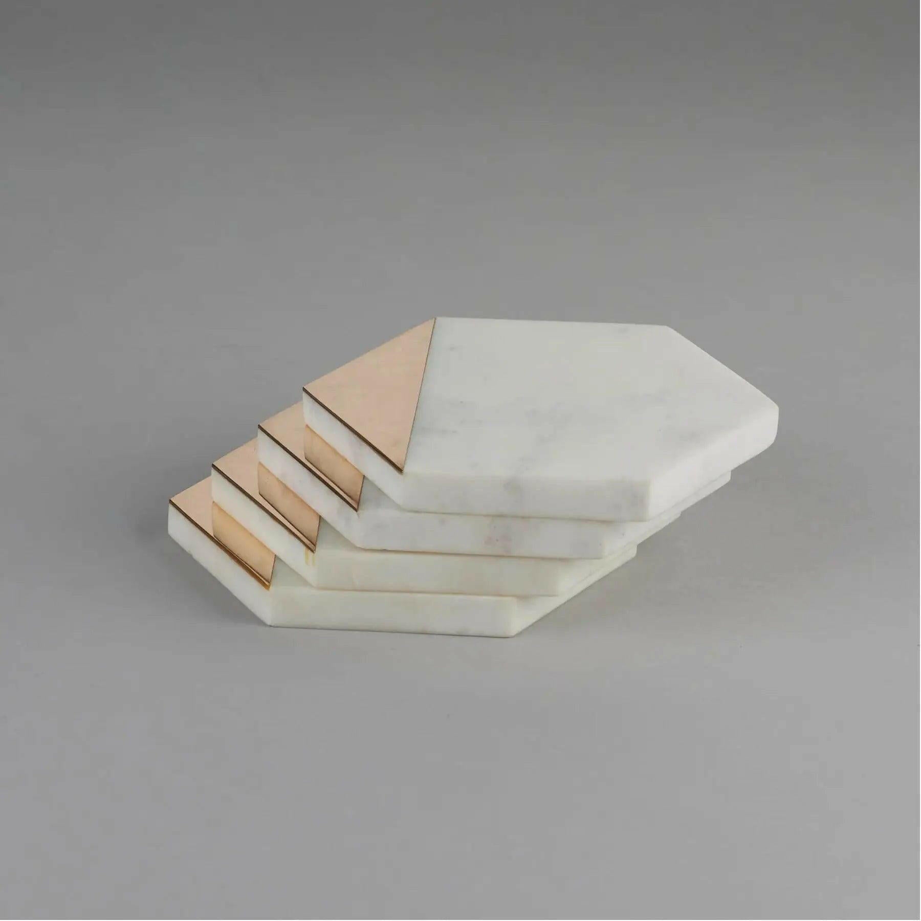 Whiter Marble Brass Coaster Edge Hexagon.