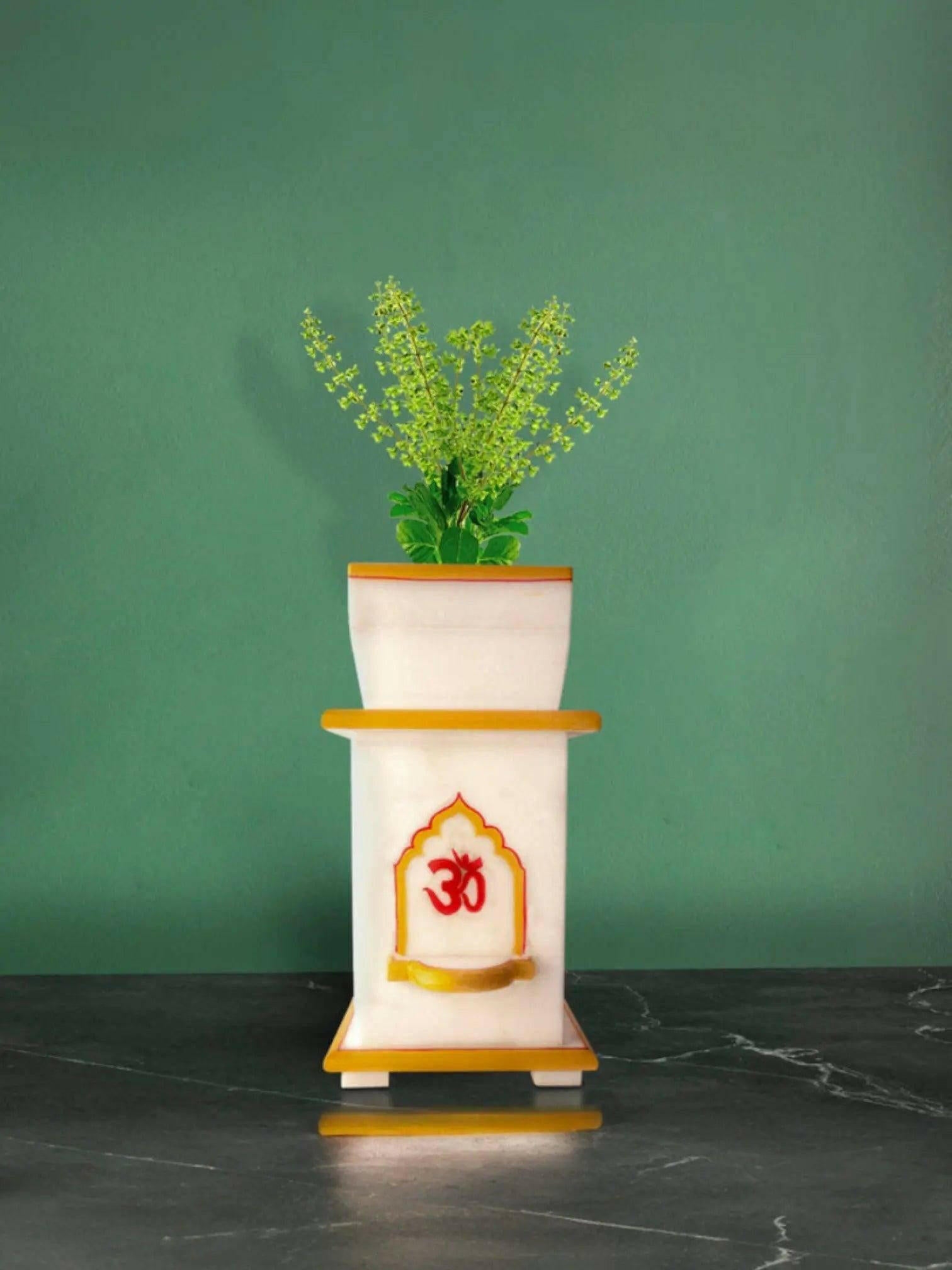 Small White Marble Tulsi Pot for Decor.