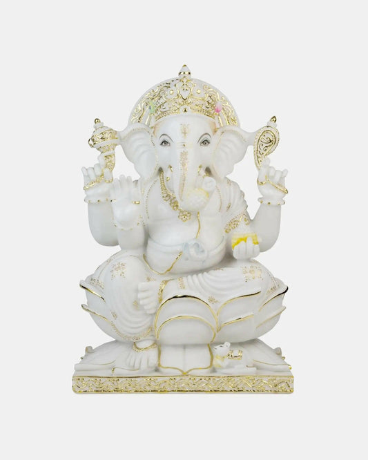 White Marble Lord Ganesha with Gold Trim.