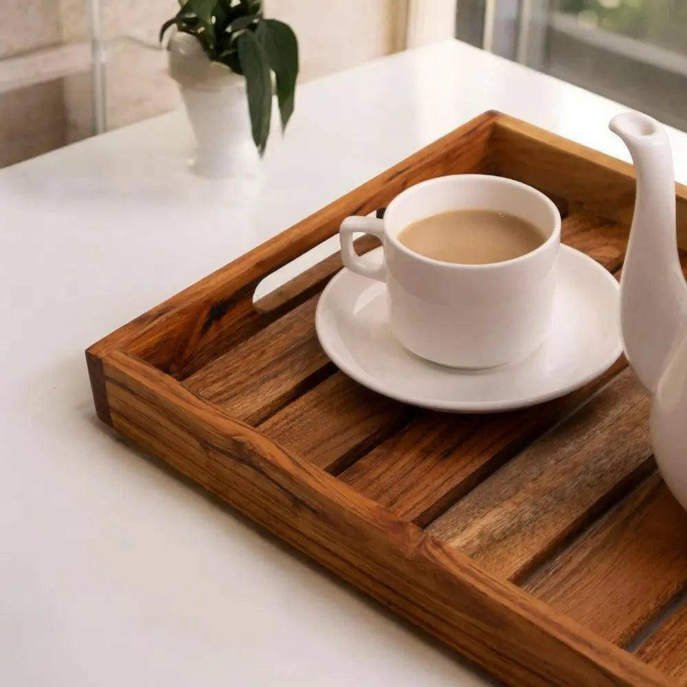 Wooden Serving Tray with Striped Design.