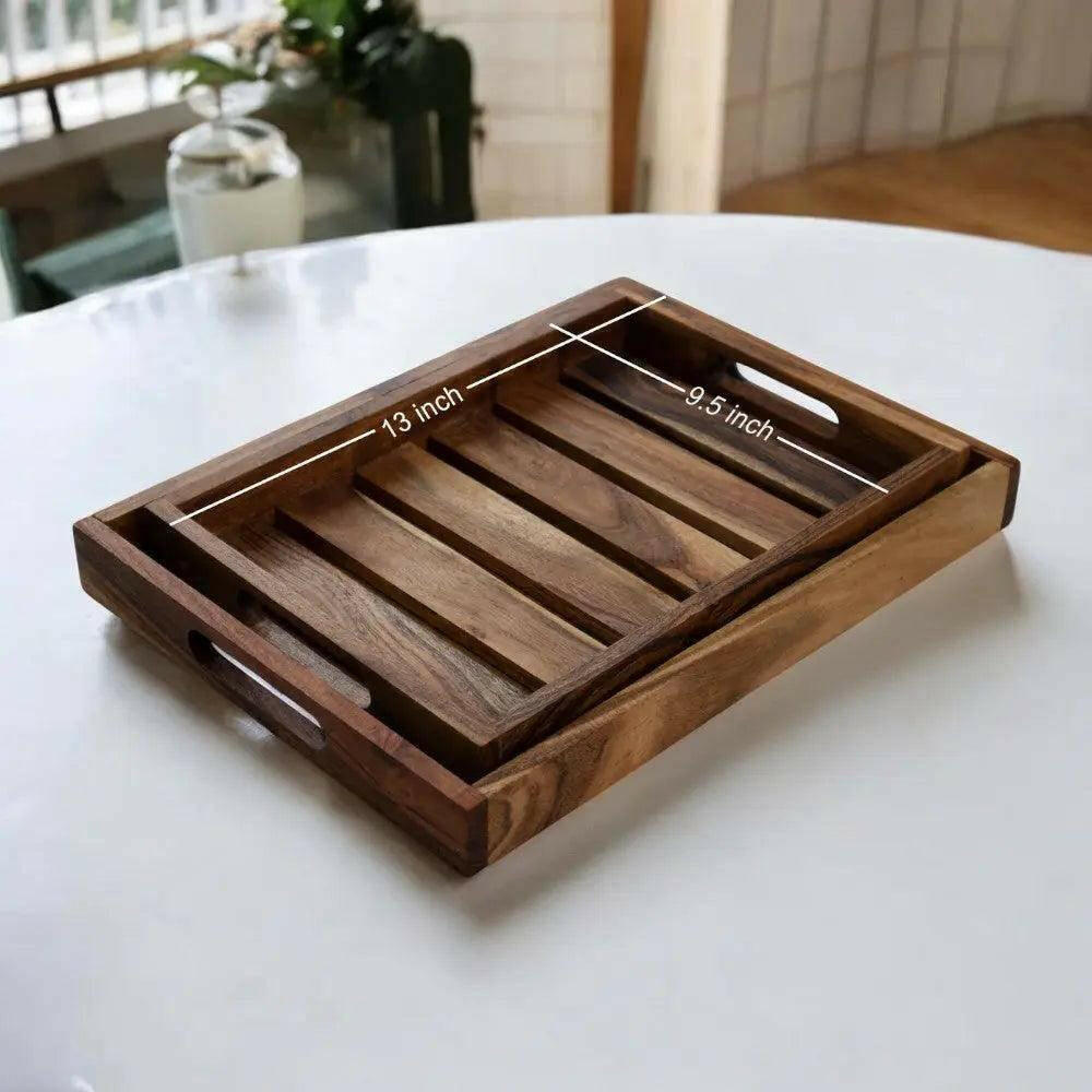 Wooden Serving Tray with Striped Design.