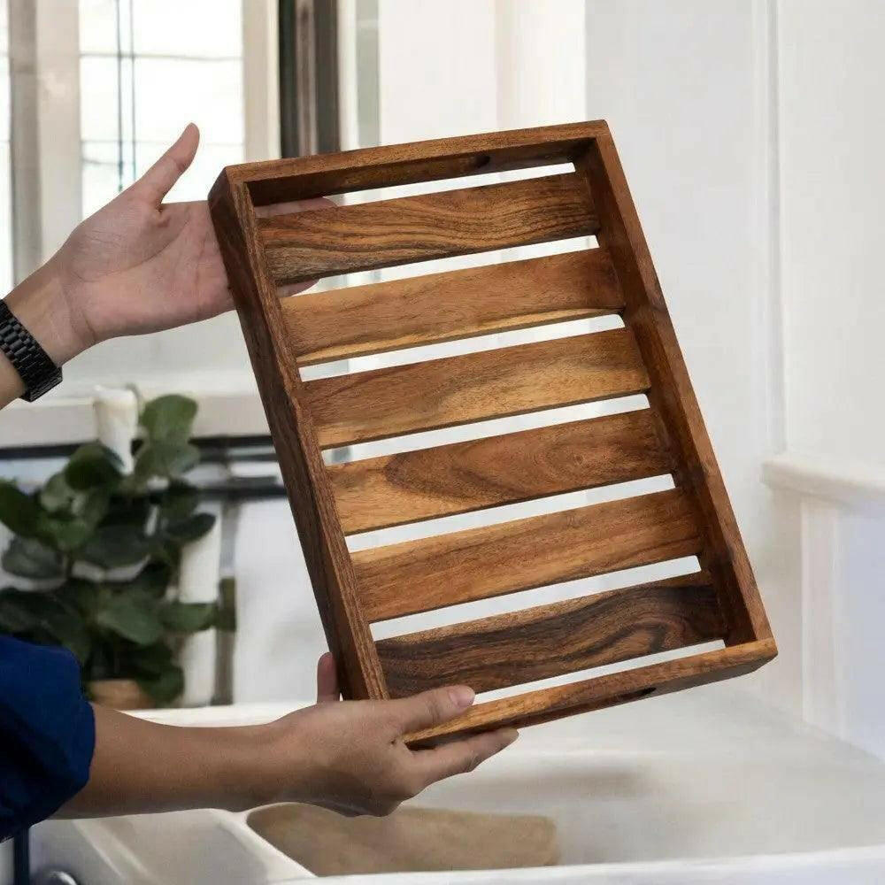 Wooden Serving Tray with Striped Design.