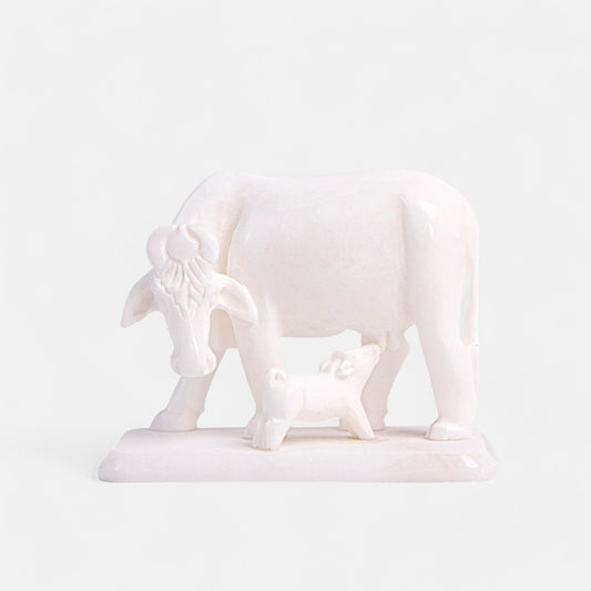 Cow and Calf White Marble Sculpture