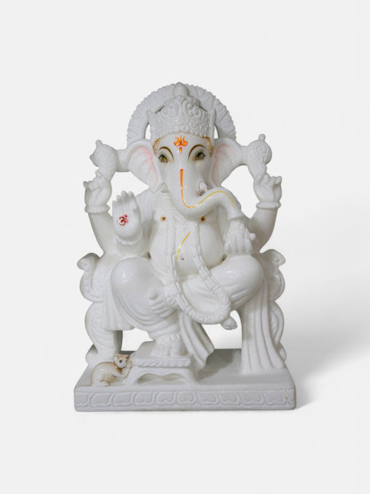 Lord Ganesh White Marble Statue, 15 Inches