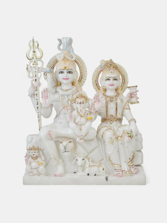 Lord Shiva Family – Shiva, Parvati, Ganesh in White Marble.