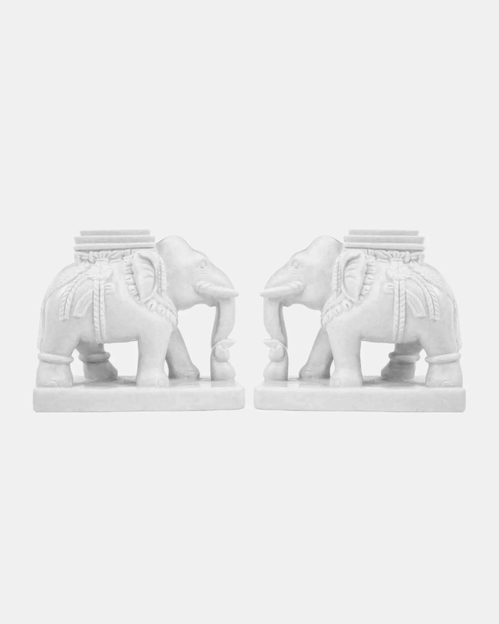 Intricate Hand-Carved Marble Elephant Set.