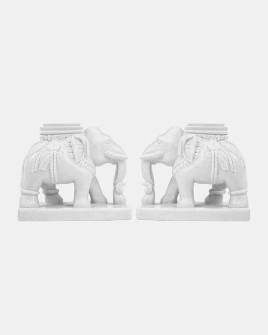 Intricate Hand-Carved Marble Elephant Set.