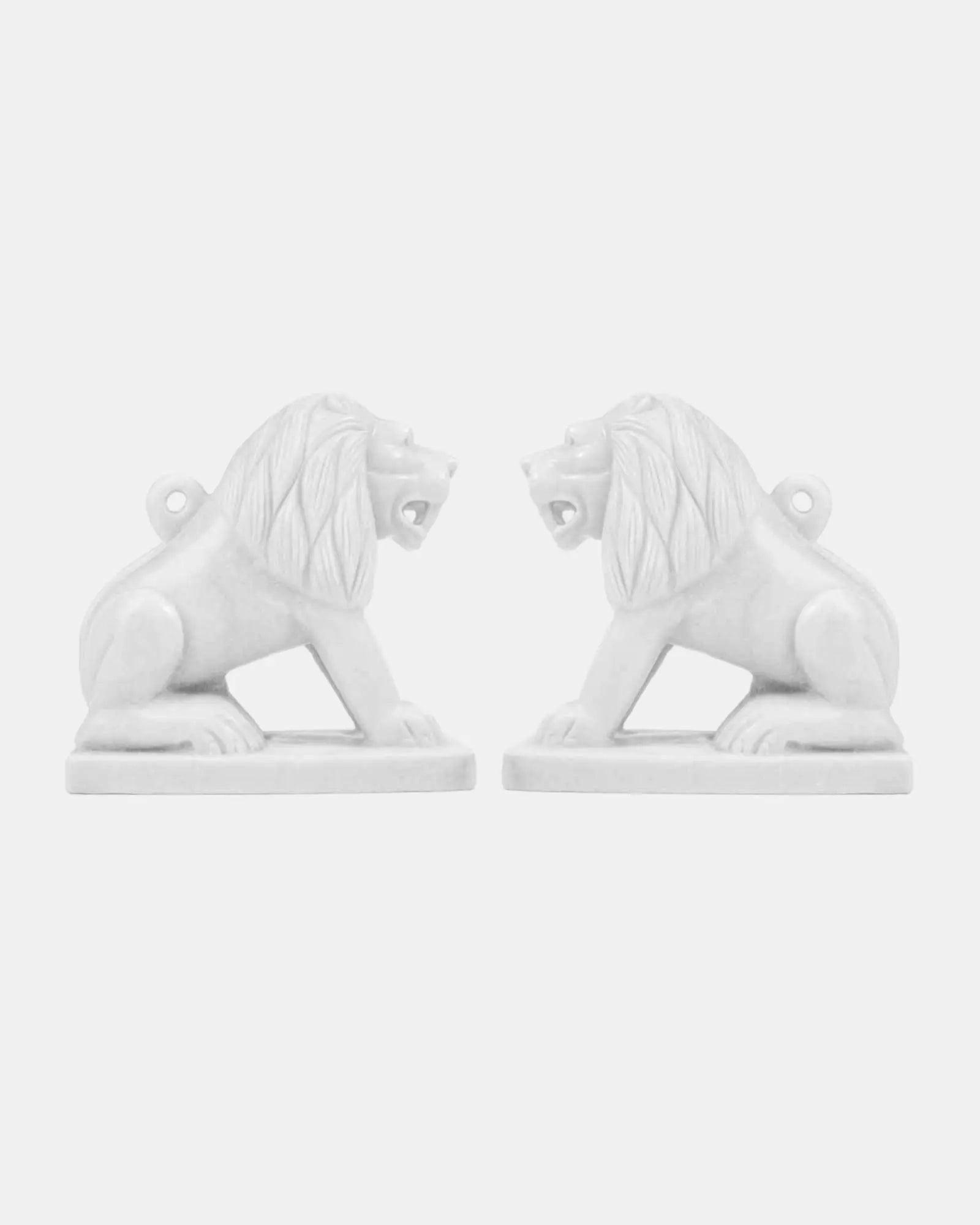 Regal White Marble Lion Pair Sculpture.