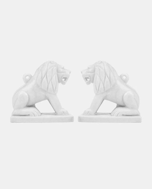 Regal White Marble Lion Pair Sculpture.