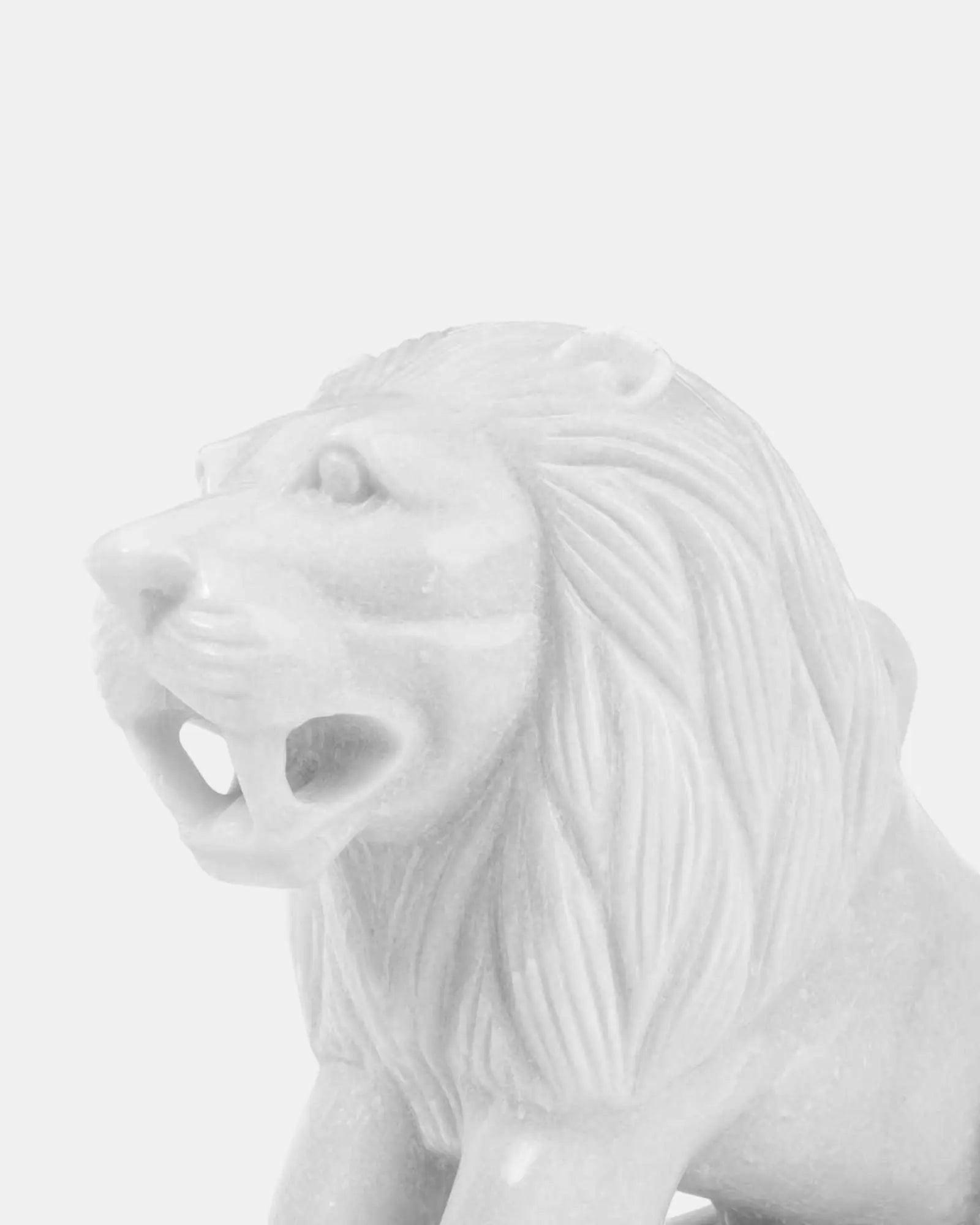 Regal White Marble Lion Pair Sculpture.