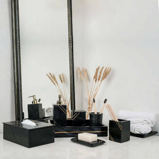 Black Marble Bathroom Set with Gold Inlay.