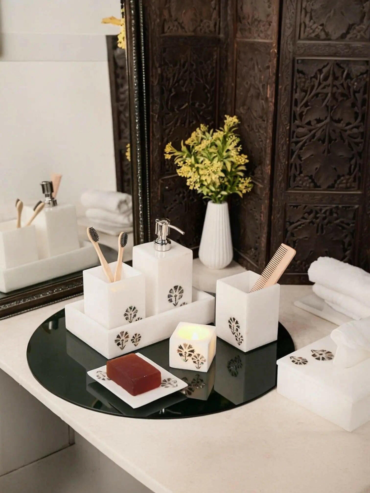 Elegant Marble Bathroom Set with Floral Design.