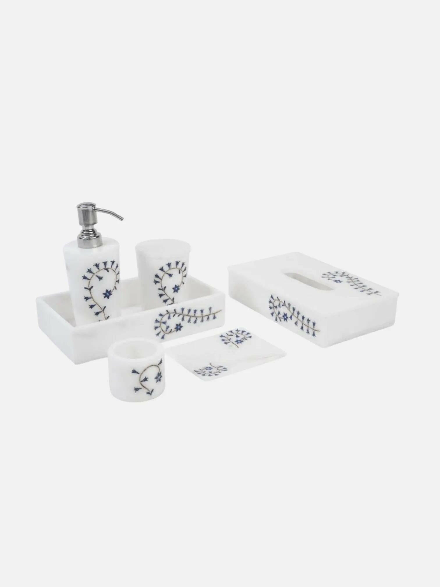 Serene White Marble Bathroom Set with Leaf Design.