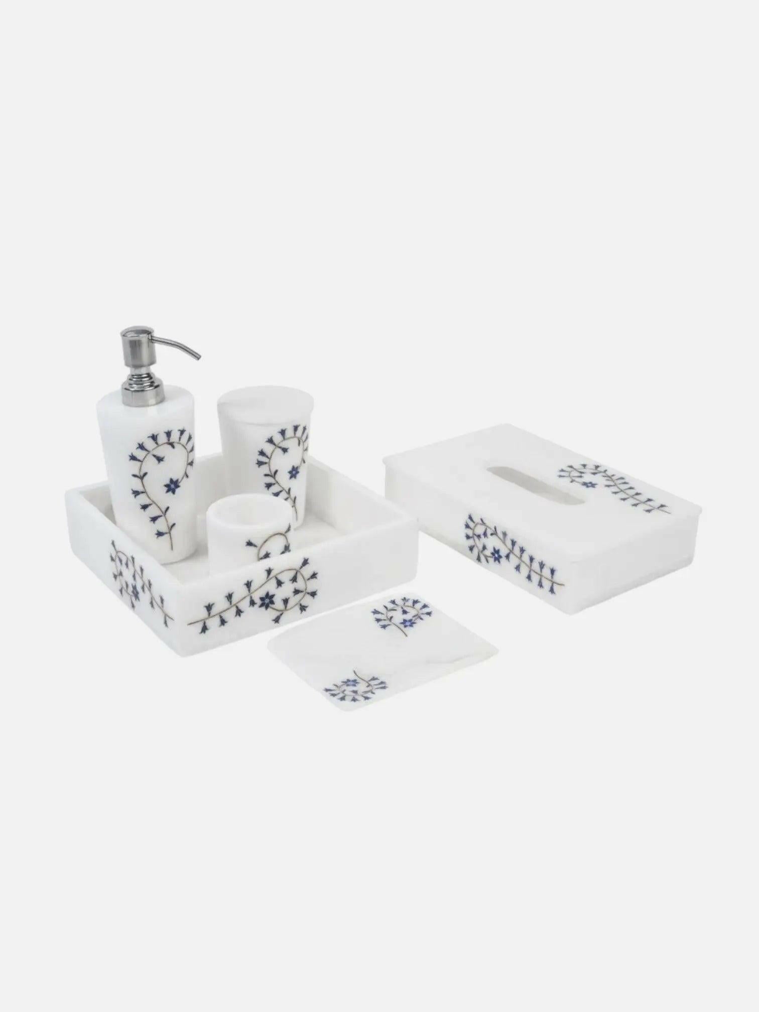 Serene White Marble Bathroom Set with Leaf Design.