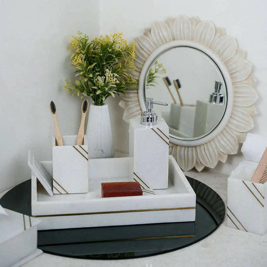 White Marble Bathroom Set with Gold Inlay.