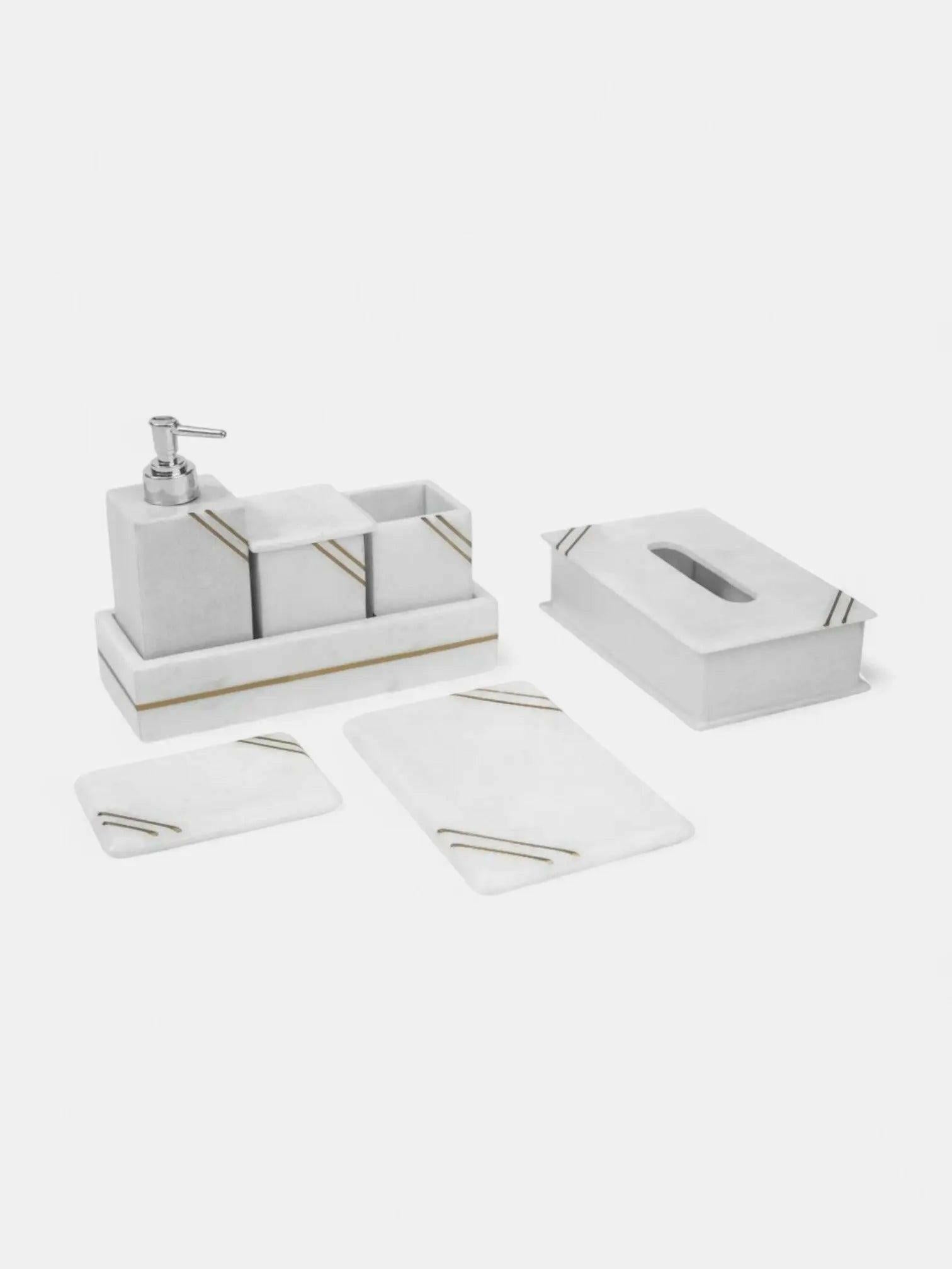 White Marble Bathroom Set with Gold Inlay.