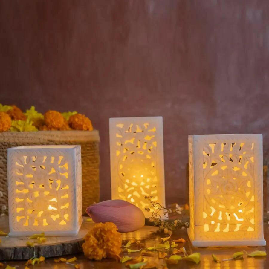 Set of 3 Carved White Marble Candle Holders.