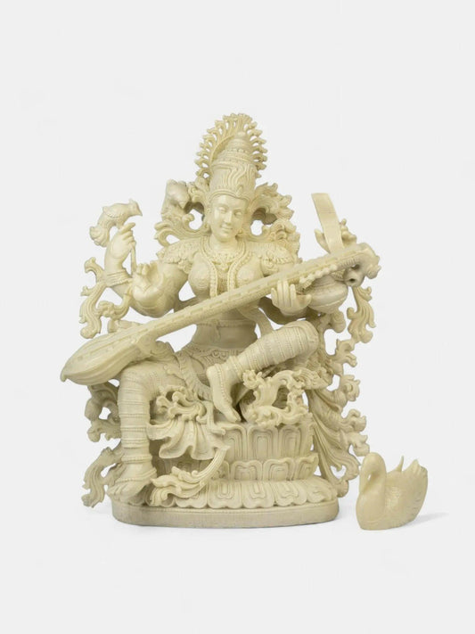 Maa Saraswati with Peacocks Marble Statue.