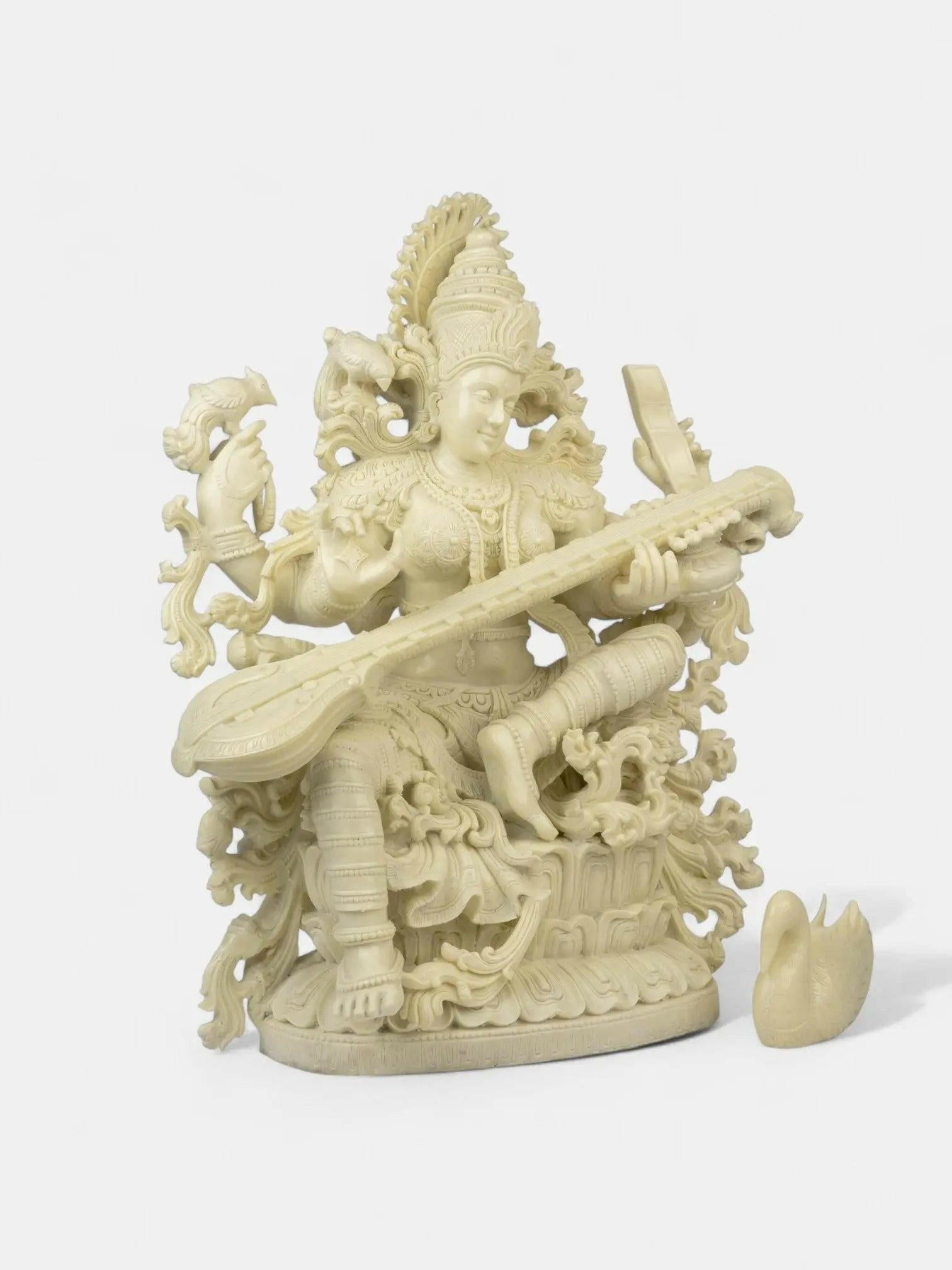 Maa Saraswati with Peacocks Marble Statue.