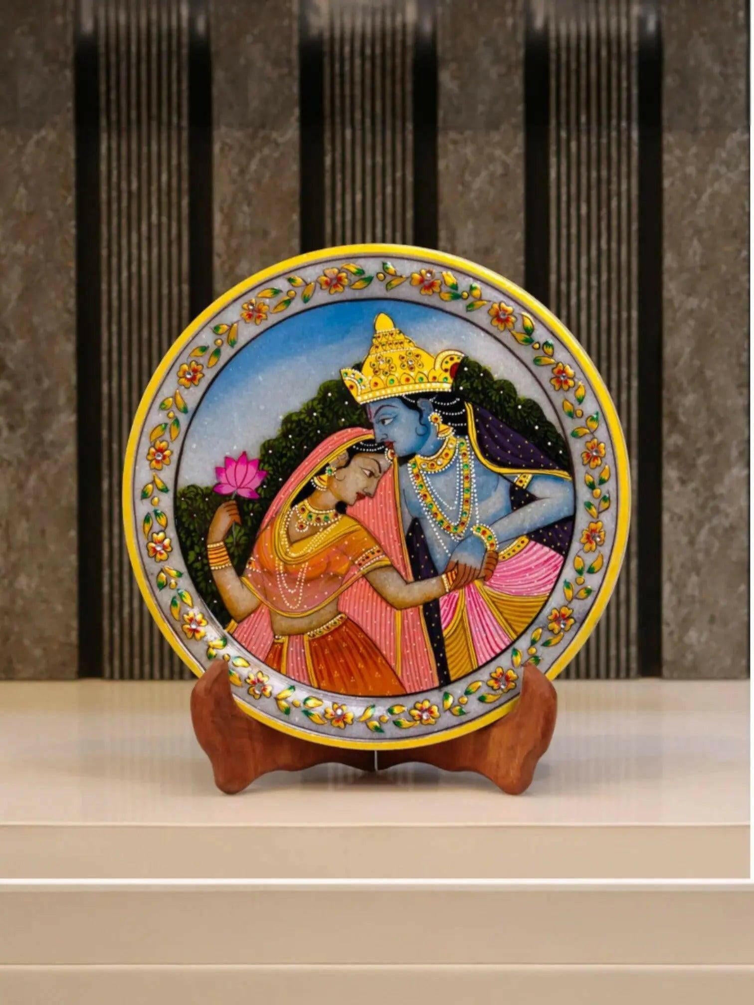 Radha Krishna Gold Leaf Marble Plate.