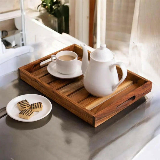 Wooden Serving Tray with Striped Design.