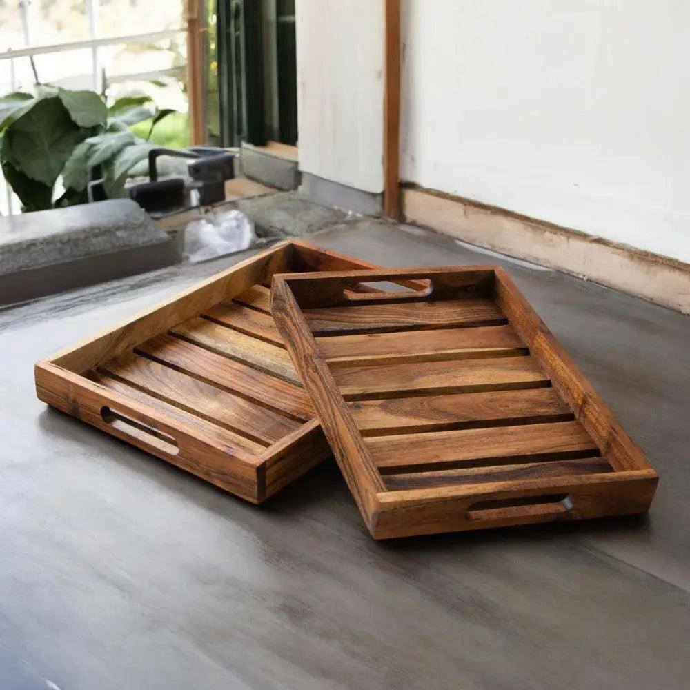 Wooden Serving Tray with Striped Design.